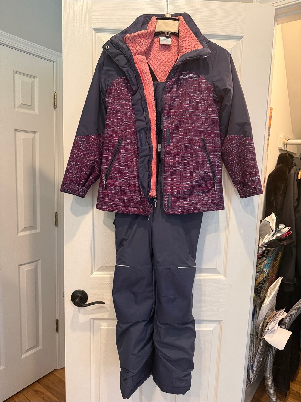 Columbia Girls Navy/Coral/Purple Puffer Jacket with Navy Overall bibs